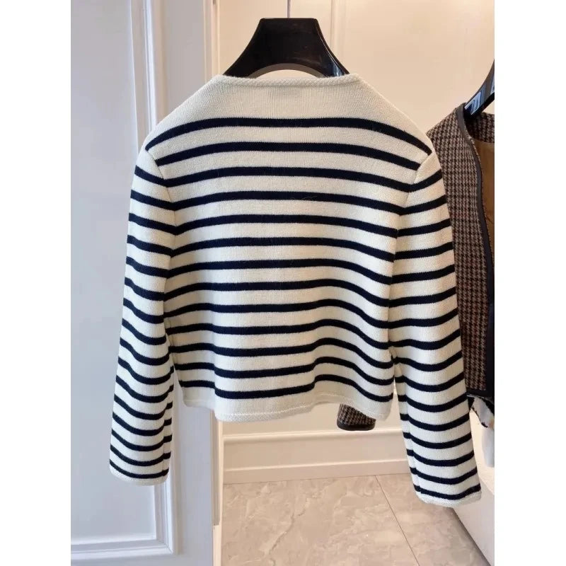 Women Striped Knitted Sweater Black Cardigan