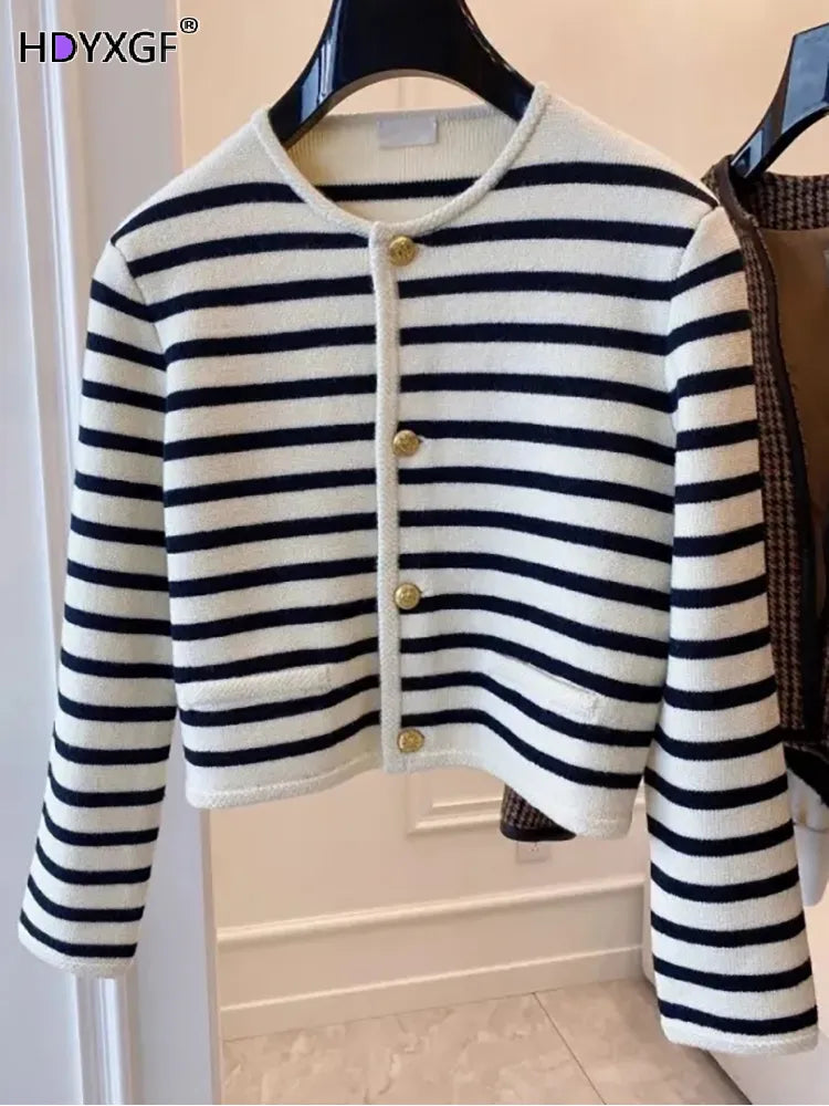 Women Striped Knitted Sweater Black Cardigan