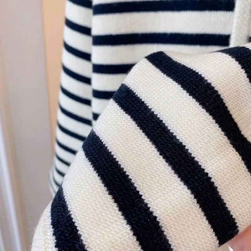 Women Striped Knitted Sweater Black Cardigan