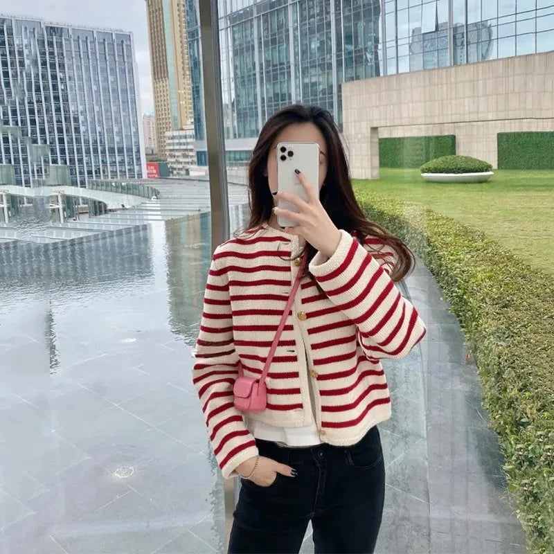 Women Striped Knitted Sweater Black Cardigan