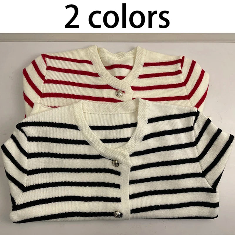 Women Striped Knitted Sweater Black Cardigan