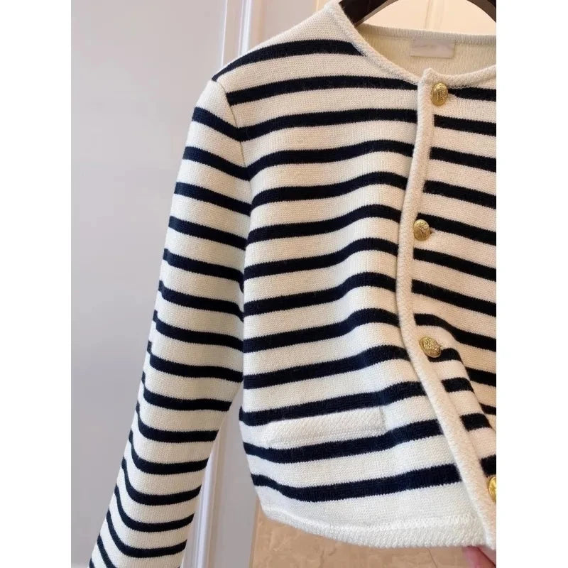 Women Striped Knitted Sweater Black Cardigan